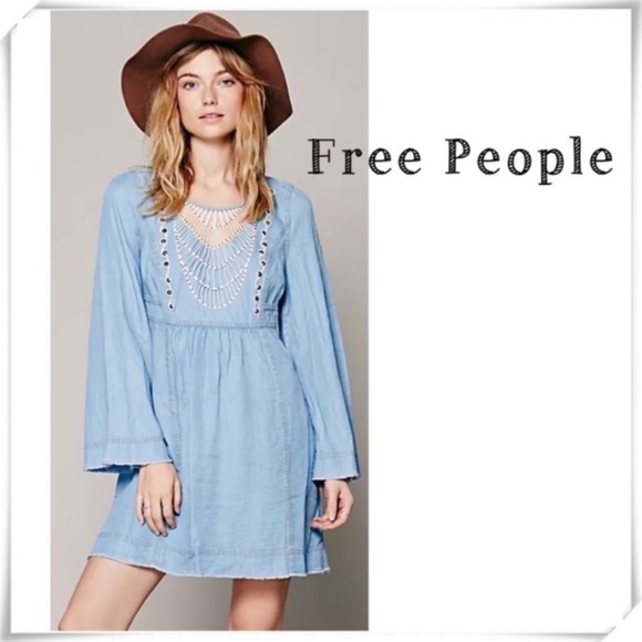 Free People Indigo Tencel Chambray Tunic Boho Mini Dress in Blue Size XS - Picture 1 of 9